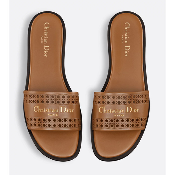 Dior Shoes - Dior D-Lane Dway Micro Cannage Chestnut Brown Leather Logo Slide Flat Sandal 37
